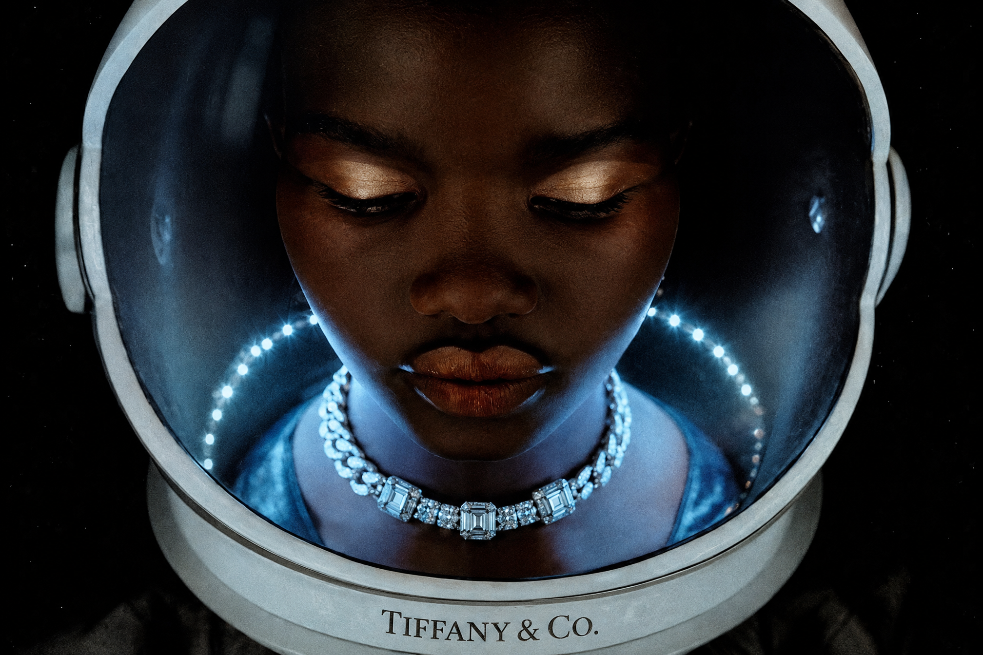 Portrait of a woman wearing a diamond necklace inside a blue-lit helmet marked Tiffany & Co.