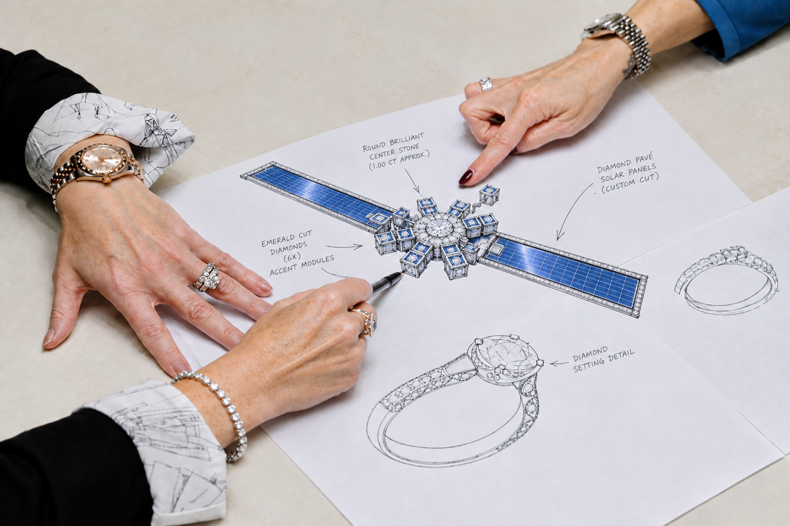 Designers point at a blue and diamond spacecraft sketch alongside jewelry setting drawings.