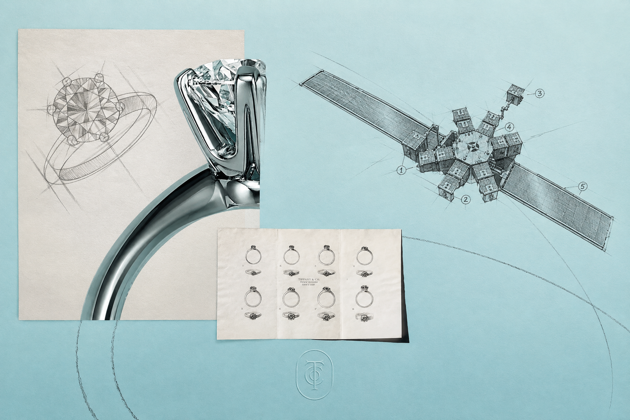 Tiffany-blue collage of a diamond ring, jewelry drawings, spacecraft sketch and Tiffany monogram.