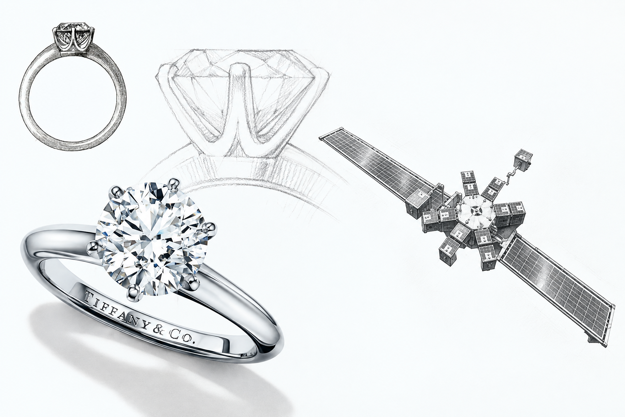 White collage with ring drawings, a diamond ring engraved Tiffany & Co., and a spacecraft sketch.